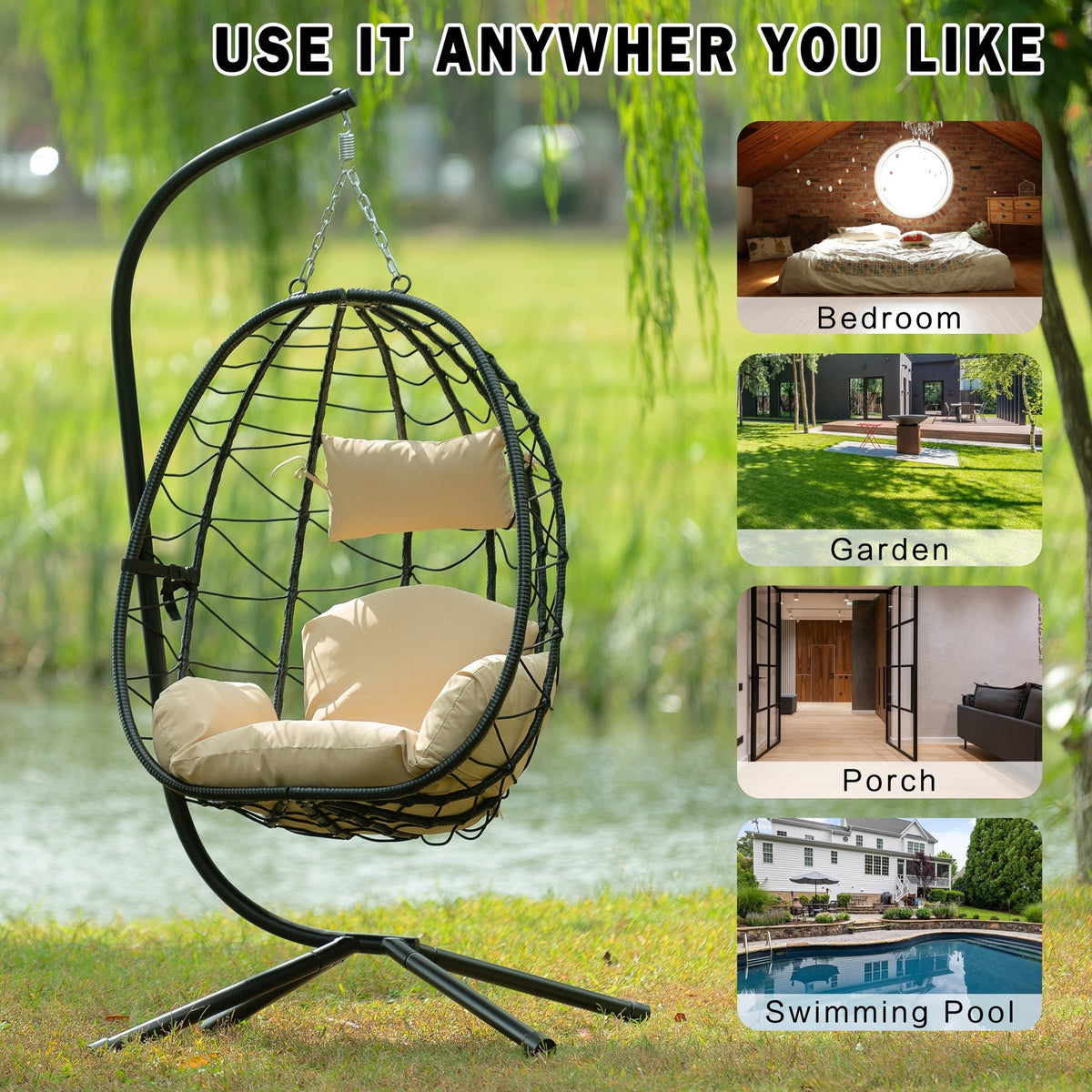 Anthony & Home Signature HDPE wicker egg chair with stand, featuring a cozy woven wicker design and sturdy metal frame.