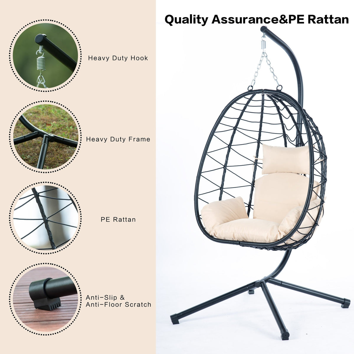 Anthony & Home Signature HDPE wicker egg chair with stand, featuring a stylish round wicker design and cushioned seat.