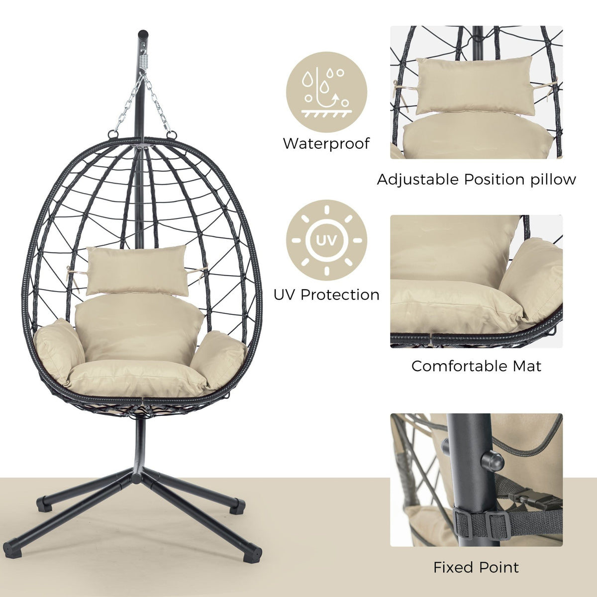 Anthony & Home Signature HDPE Wicker Egg Chair with Stand, stylish outdoor seating with cushioned interior and sturdy metal stand.