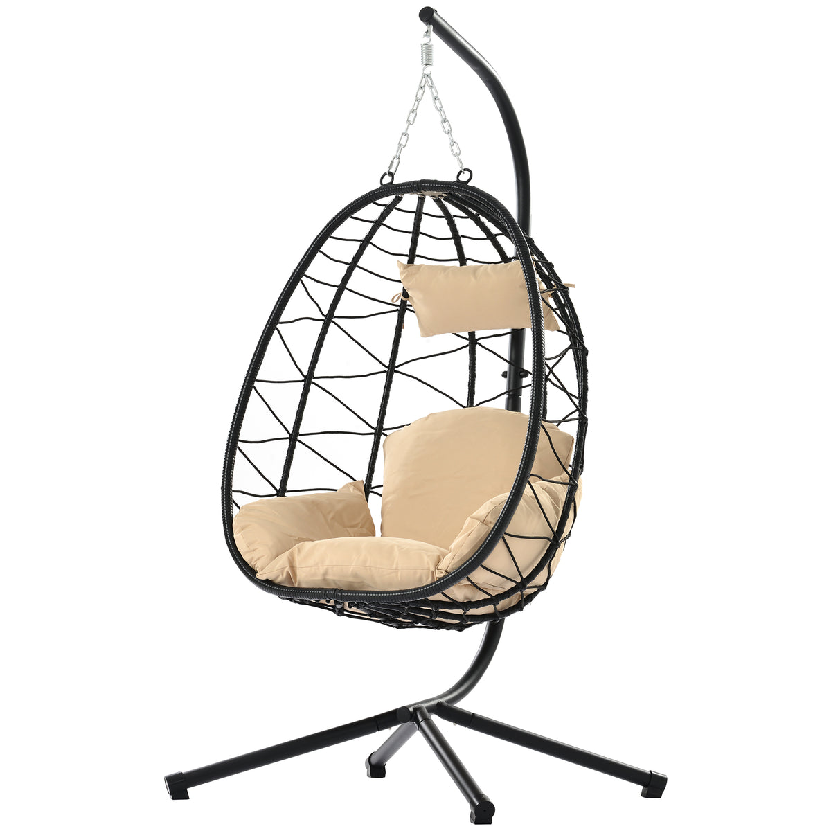 Anthony & Home Signature HDPE wicker egg chair with stand, showing a stylish outdoor lounge seat with cushion and sturdy frame.