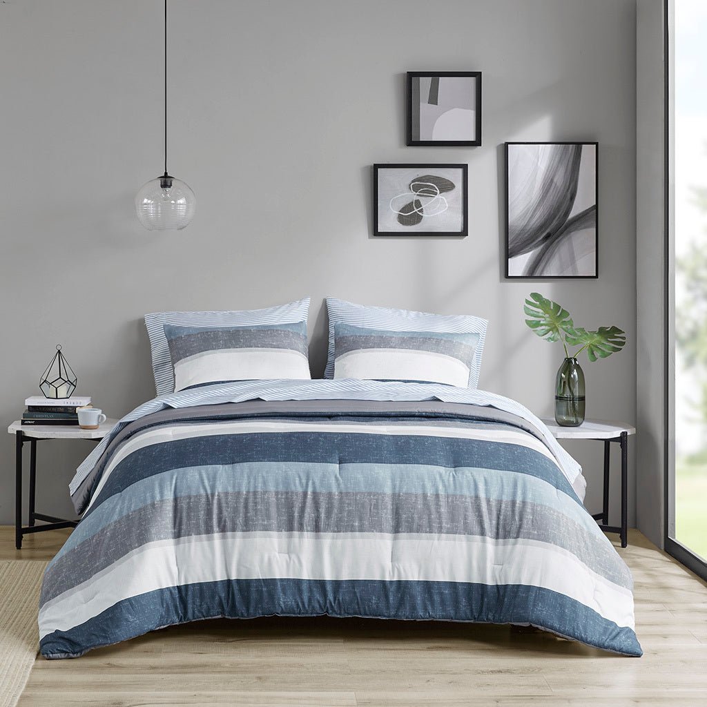Anthony & Home Stripe Signature Collection microfiber comforter set with matching pillow shams in a modern striped design.
