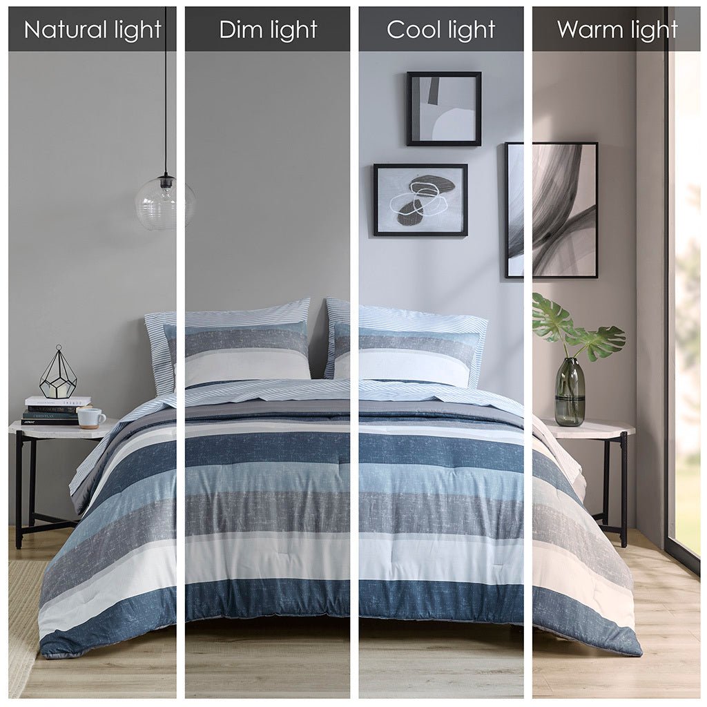Anthony & Home Stripe Signature Collection microfiber comforter set with a stylish striped pattern on a neatly made bed.