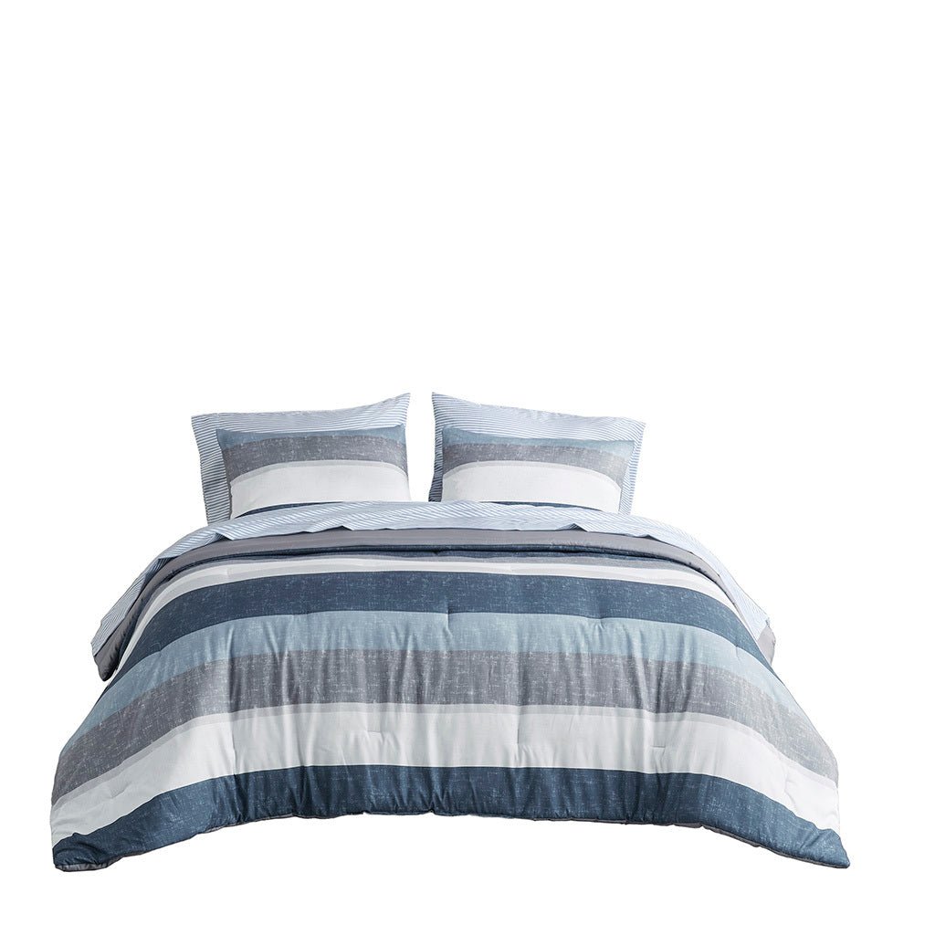 Anthony & Home Stripe Signature Collection microfiber comforter set with matching pillow shams, featuring a sleek striped design.