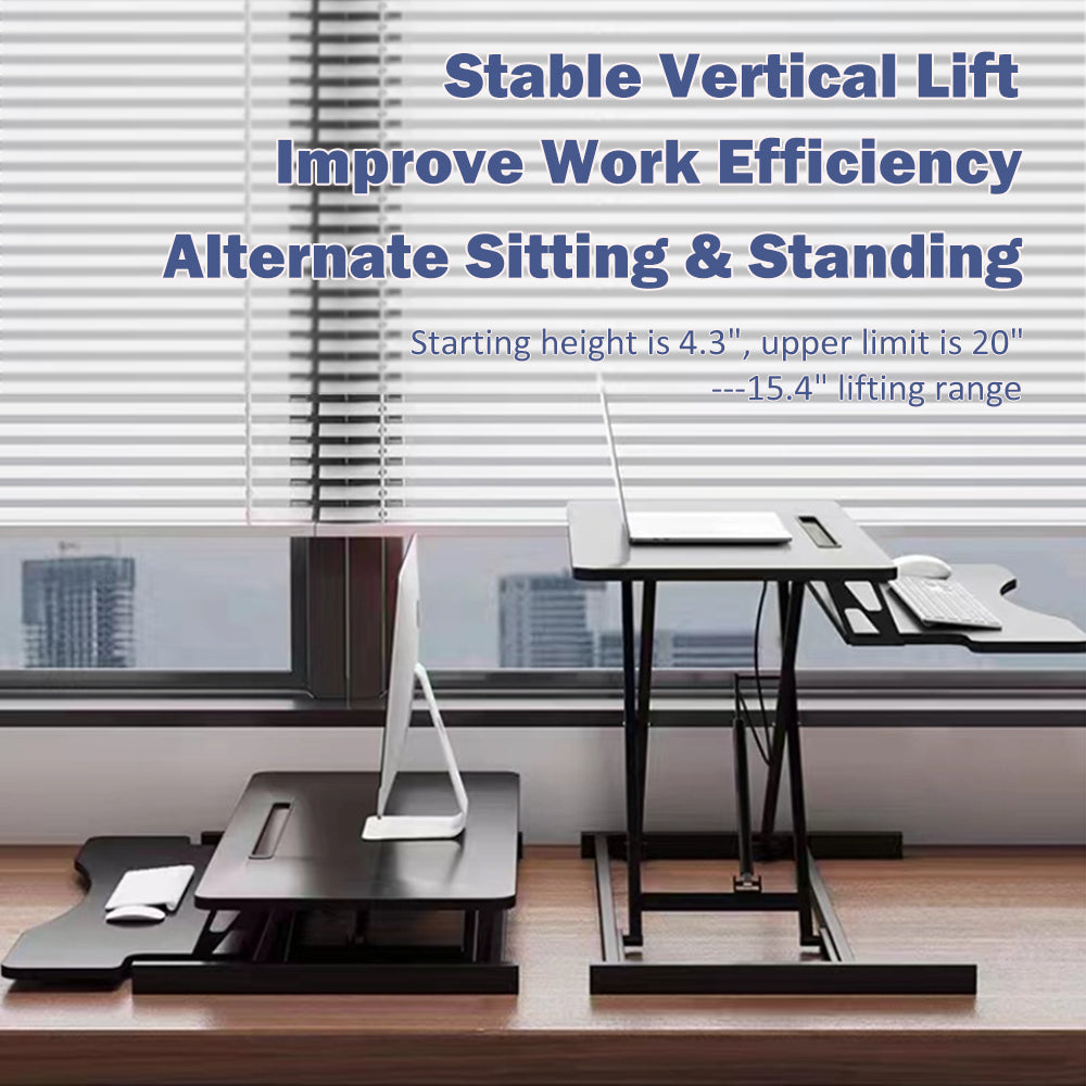 Anthony & Home 32-inch aluminum desk converter with dual monitor tray, adjustable height and sturdy workspace surface.