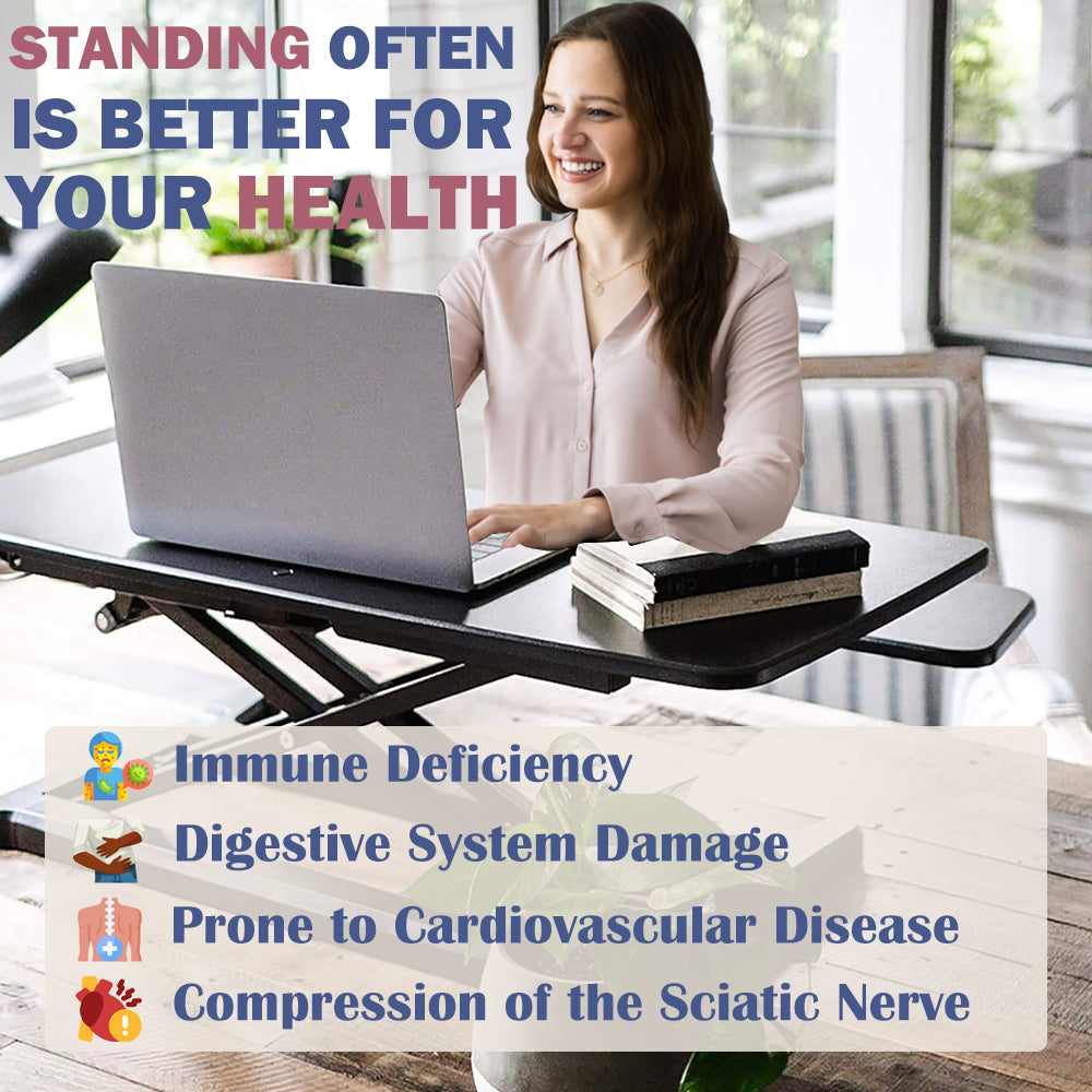 32-inch aluminum desk converter with dual monitor tray from Anthony & Home, featuring adjustable height and spacious workspace.