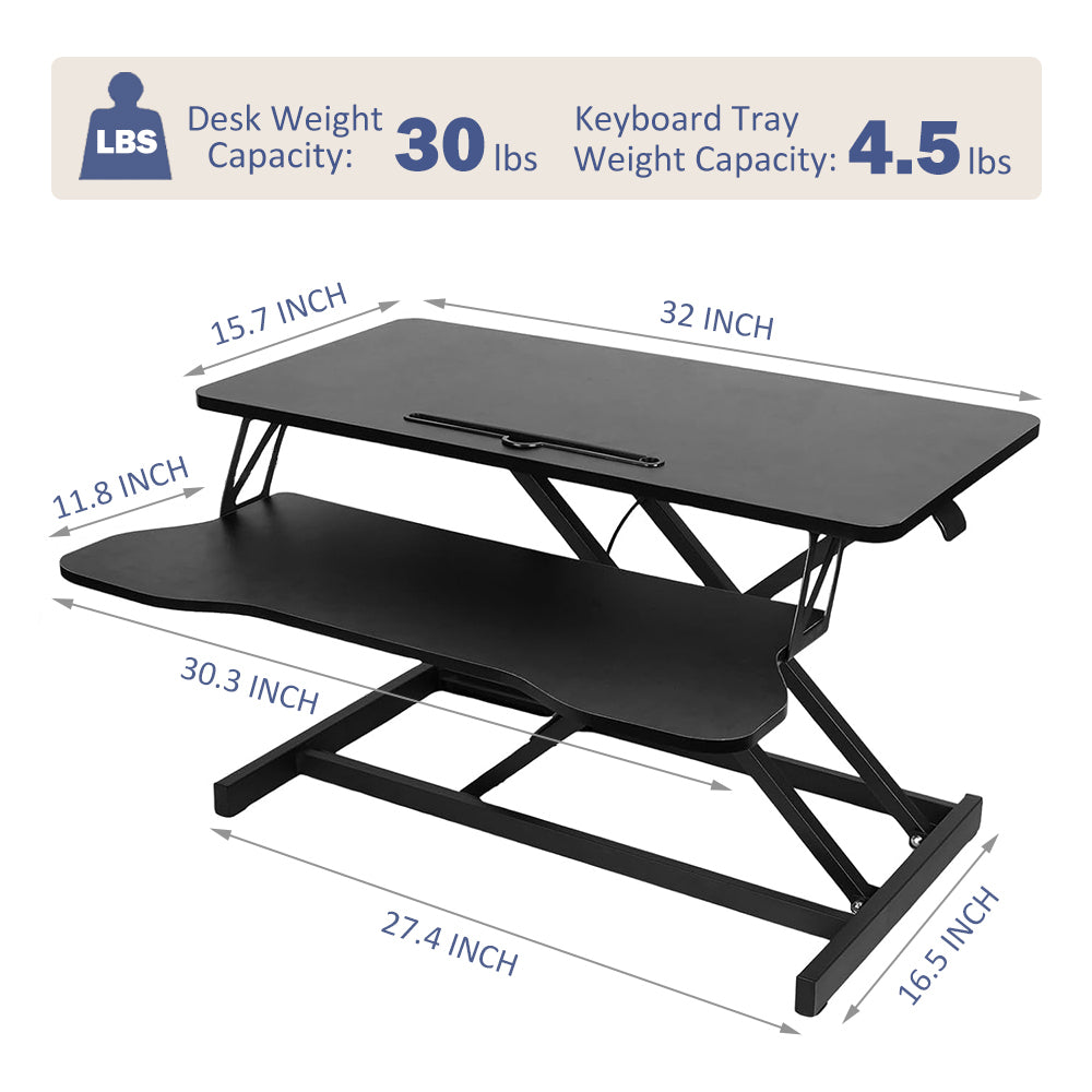 Anthony & Home 32-inch aluminum desk converter with dual monitor tray, adjustable workspace for ergonomic office setup.