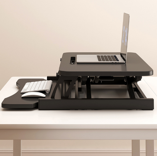 Anthony & Home 32-inch aluminum desk converter with dual monitor tray, adjustable height and sturdy workspace for ergonomic setup.
