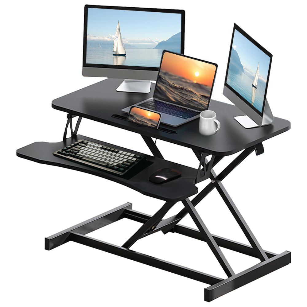 Anthony & Home 32-inch aluminum desk converter with dual monitor tray, adjustable height and sturdy workspace for ergonomic setup.