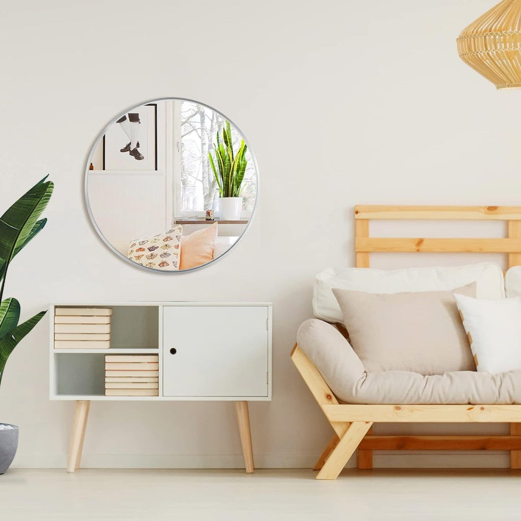 Round bathroom mirror by Anthony & Home with brushed anti-rust aluminum frame, 32-inch diameter, limited edition design.