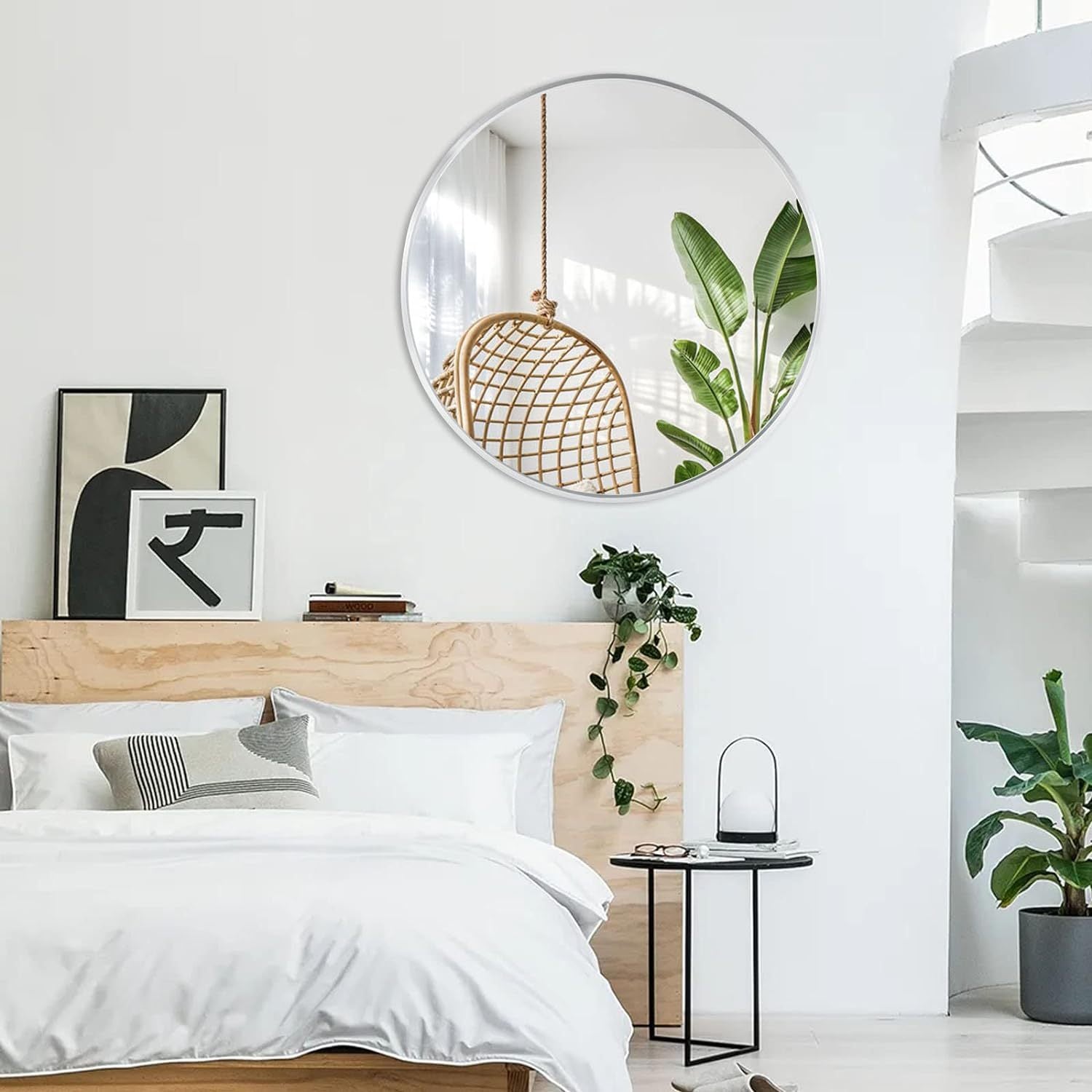 Round bathroom mirror with brushed anti-rust aluminium frame, 32-inch diameter, limited edition by Anthony & Home.