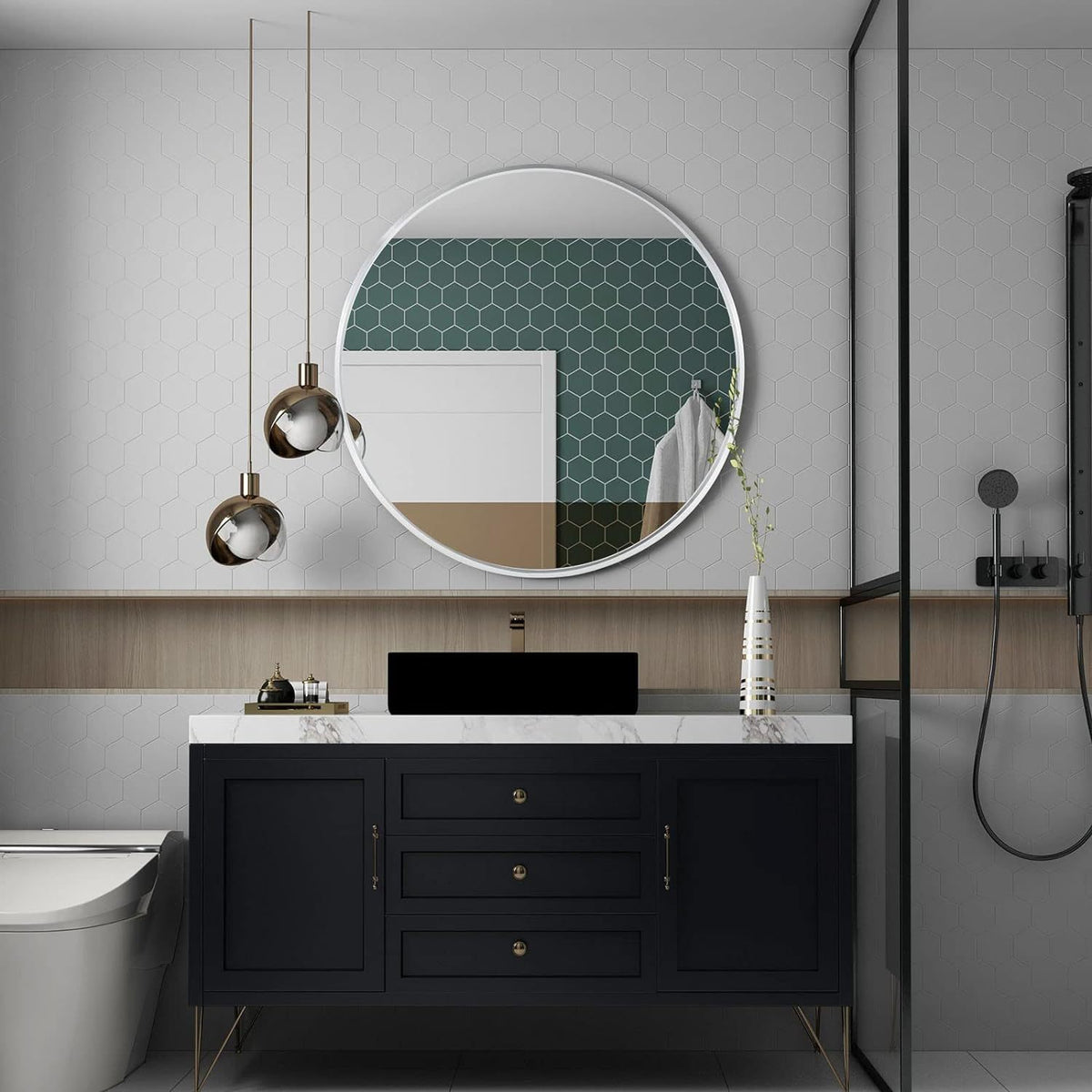 Round bathroom mirror with brushed anti-rust aluminium frame, 32-inch diameter, limited edition by Anthony & Home