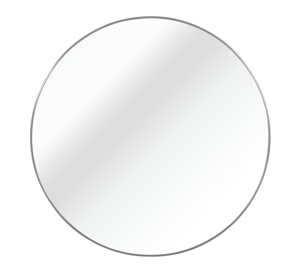 Round bathroom mirror with brushed anti-rust aluminum frame, 32-inch diameter, limited edition by Anthony & Home.