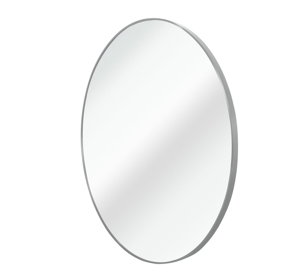 Round bathroom mirror with brushed anti-rust aluminum frame, 32-inch diameter, limited edition from Anthony & Home.