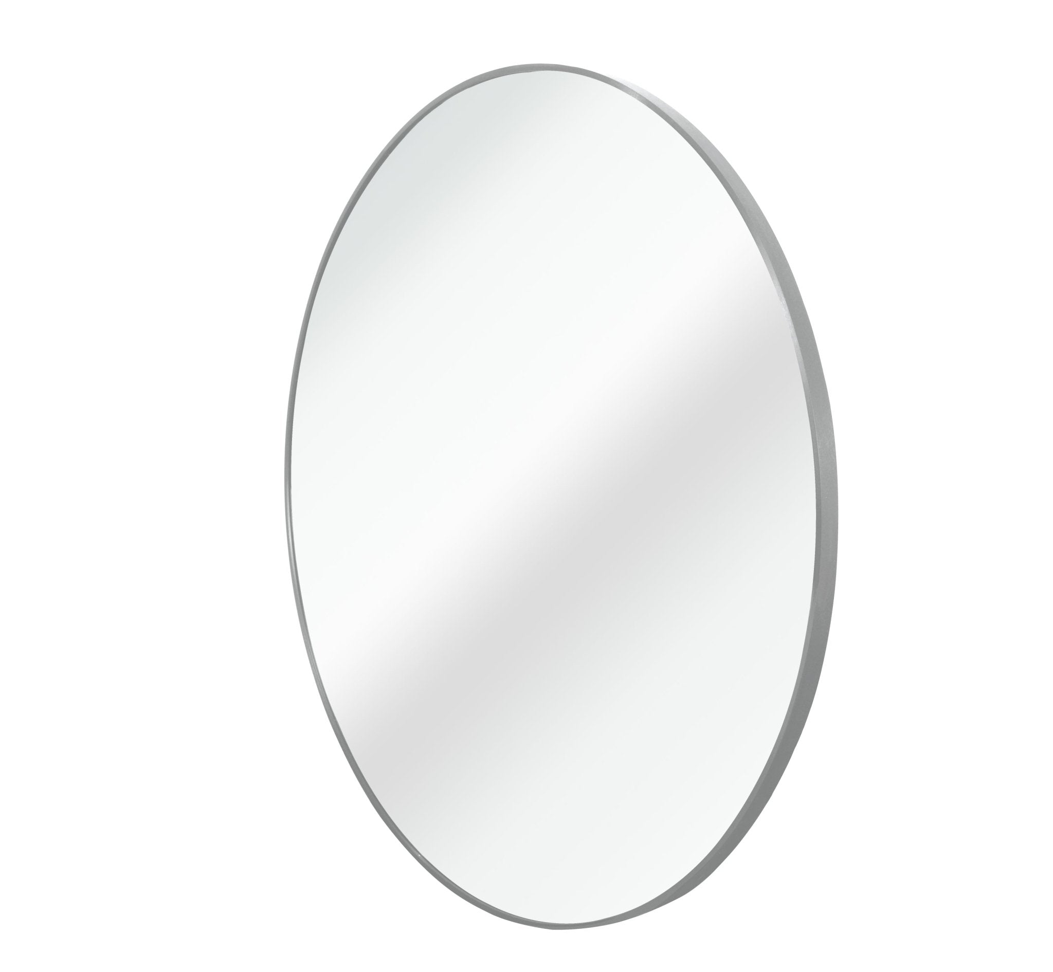Round bathroom mirror with brushed anti-rust aluminum frame, 32-inch diameter, limited edition from Anthony & Home.