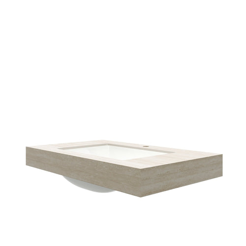 Anthony & Home 36-inch Roma travertine-pattern sintered stone countertop with undermount ceramic basin, studio collection.