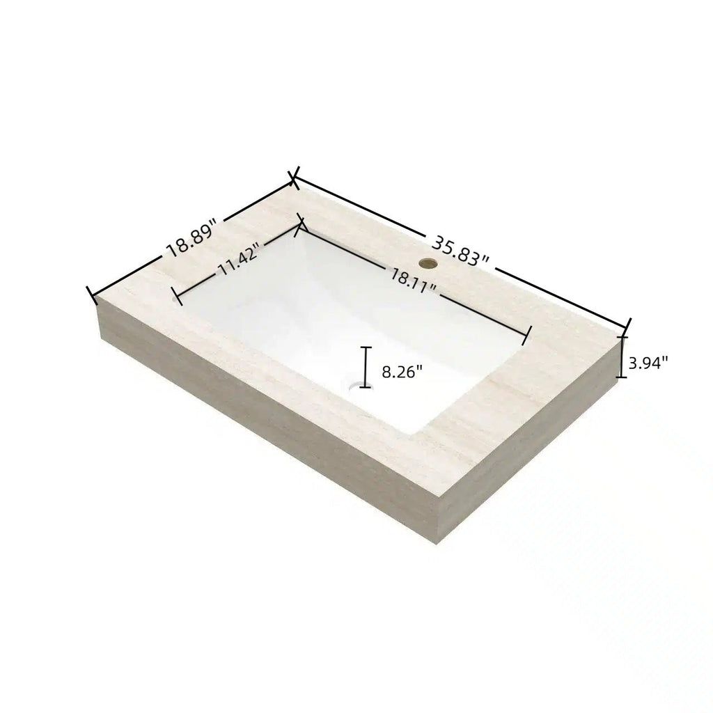 Anthony & Home 36-inch Roma travertine-pattern sintered stone countertop with undermount ceramic basin in Studio Collection.