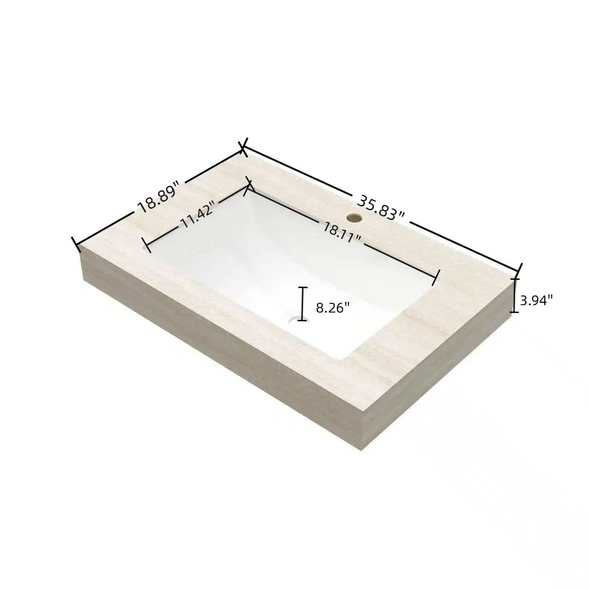 Anthony & Home 36-inch Roma travertine-pattern sintered stone countertop with undermount ceramic basin in Studio Collection.