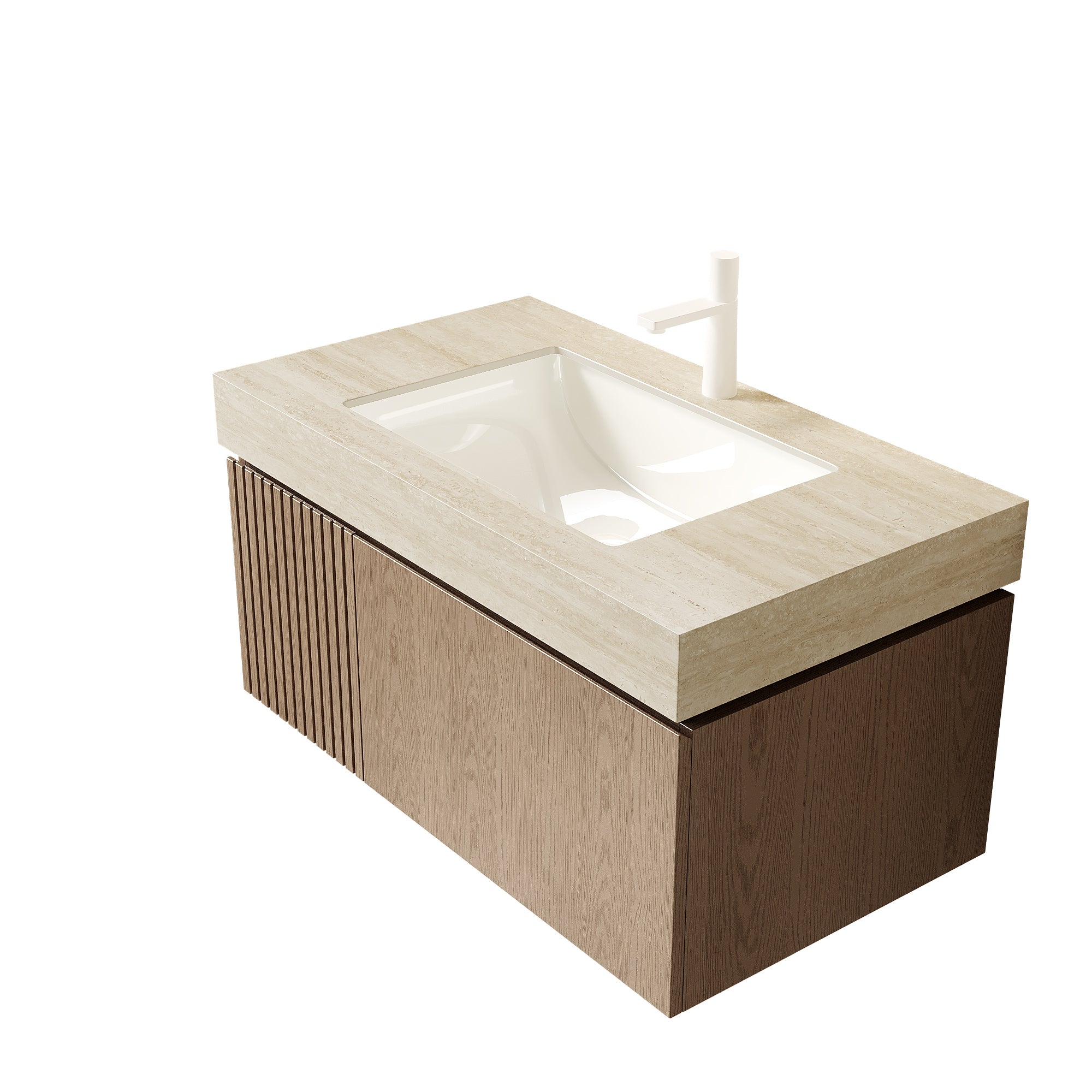Anthony & Home 36-inch Roma travertine-pattern sintered stone countertop with undermount ceramic basin, studio collection.