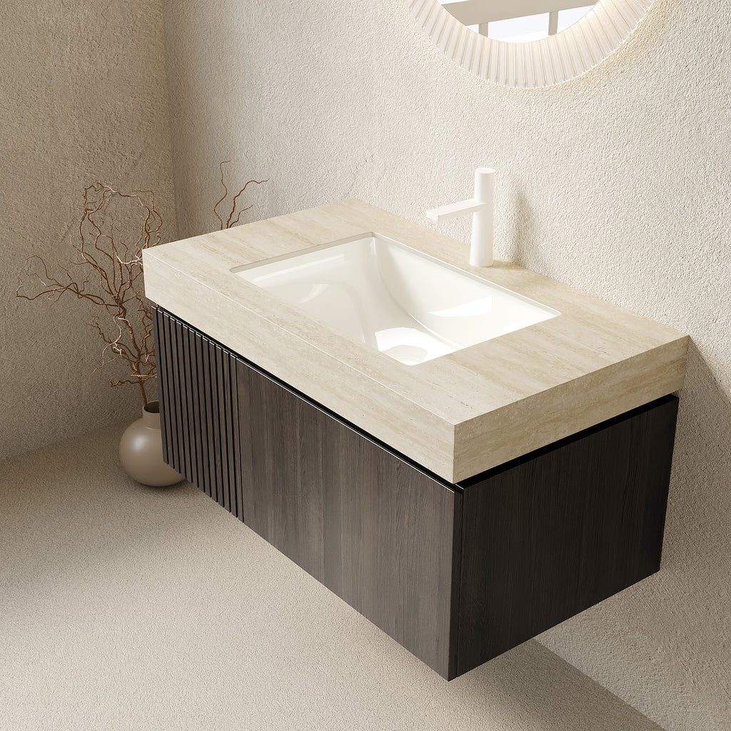 Anthony & Home 36-inch Roma travertine-pattern sintered stone countertop with undermount ceramic basin in studio collection style.