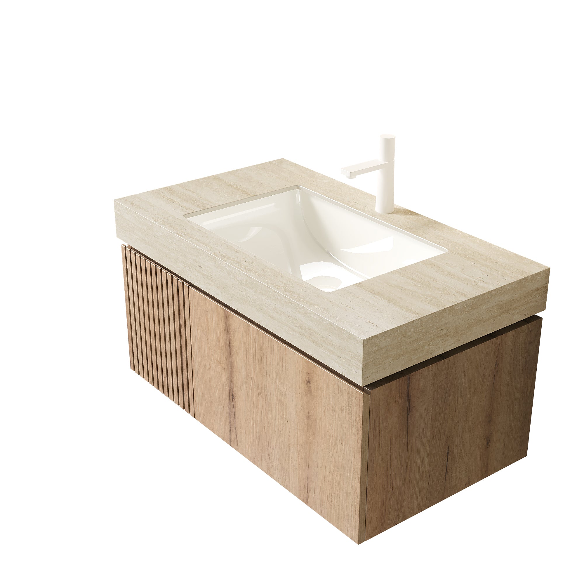 36-inch Roma travertine-pattern sintered stone countertop with undermount ceramic basin from Anthony & Home Studio Collection