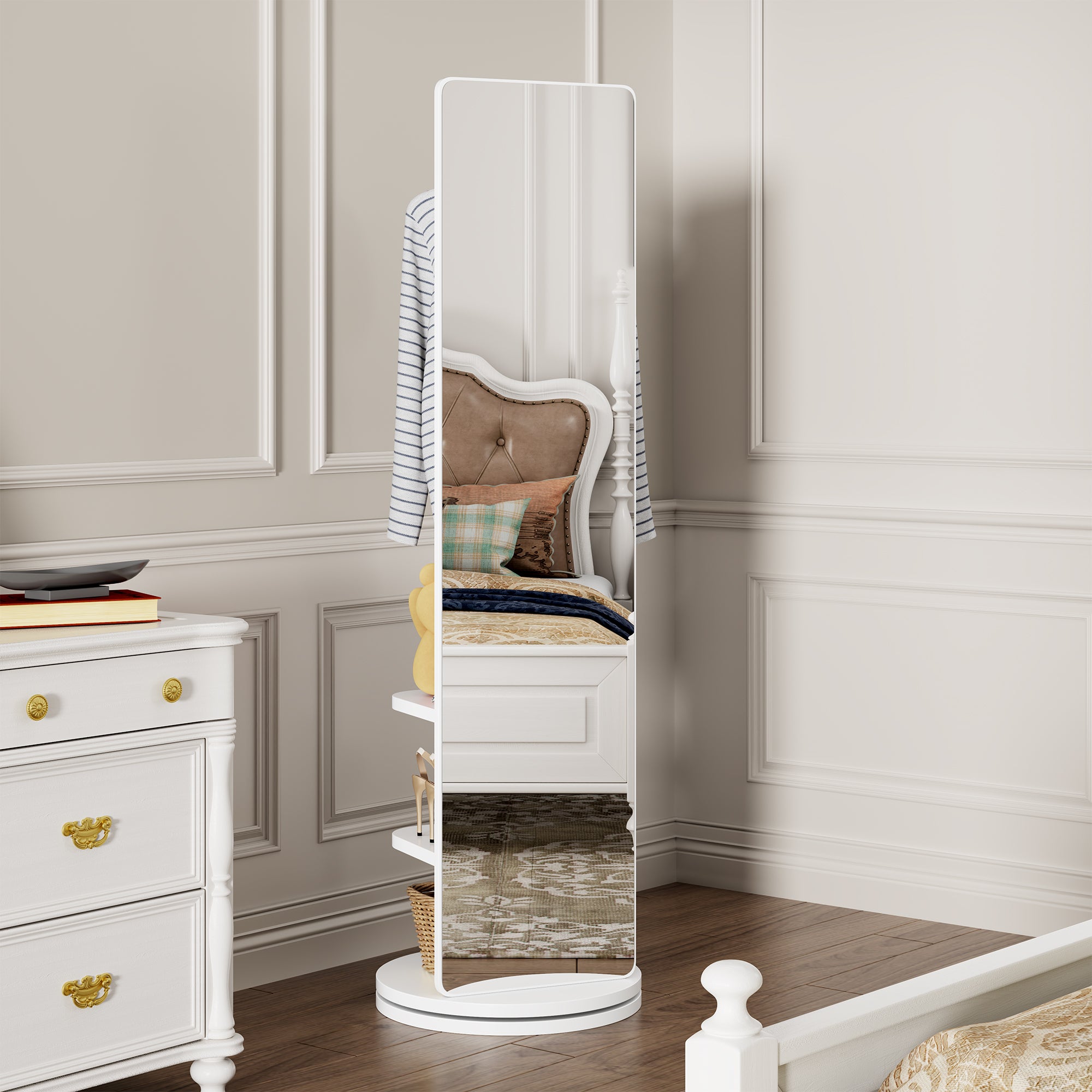 Full-length 360-degree mirror with rubberwood frame by Anthony & Home, showcasing a sleek, modern design for full-body reflection.
