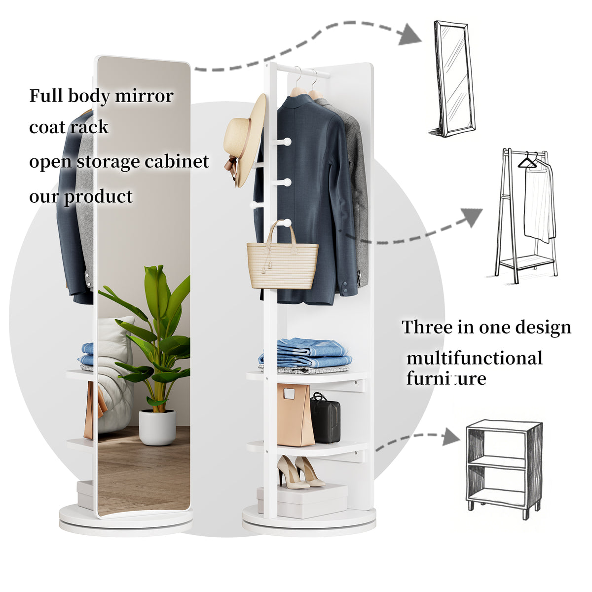 Full-length 360-degree mirror with rubberwood frame from Anthony & Home, showing a reflective surface and stylish wooden border.