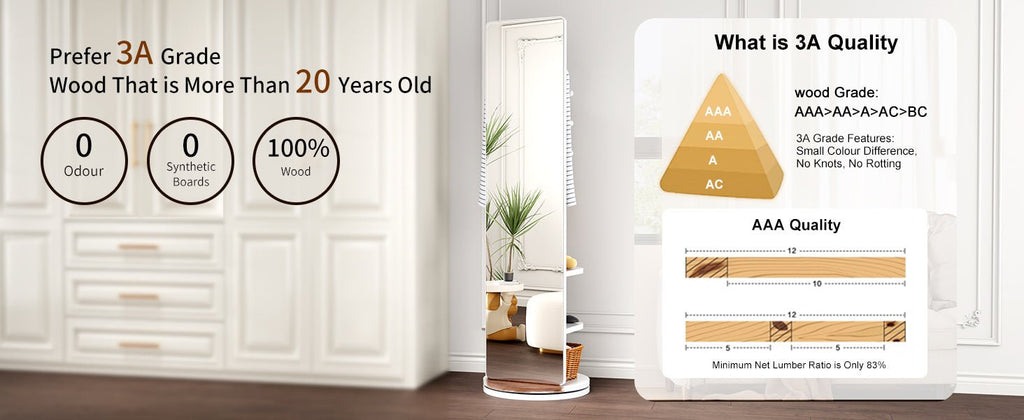 Full-length 360-degree mirror with rubberwood frame by Anthony & Home, showcasing its sleek, modern design and reflective surface.