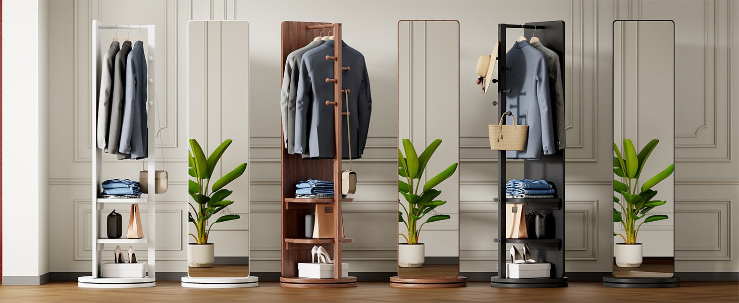 Full-length 360-degree mirror with rubberwood frame from Anthony & Home, showcasing reflective surface and stylish design.