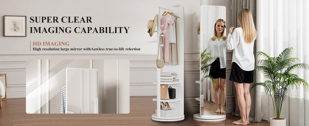 Full-length 360-degree mirror with a rubberwood frame by Anthony & Home, showcasing a sleek and modern design.