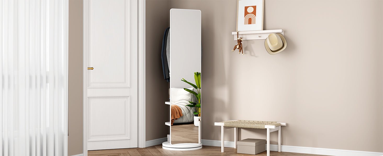 Full-length 360-degree mirror with rubberwood frame from Anthony & Home, showcasing a sleek, modern design for full-body reflection.