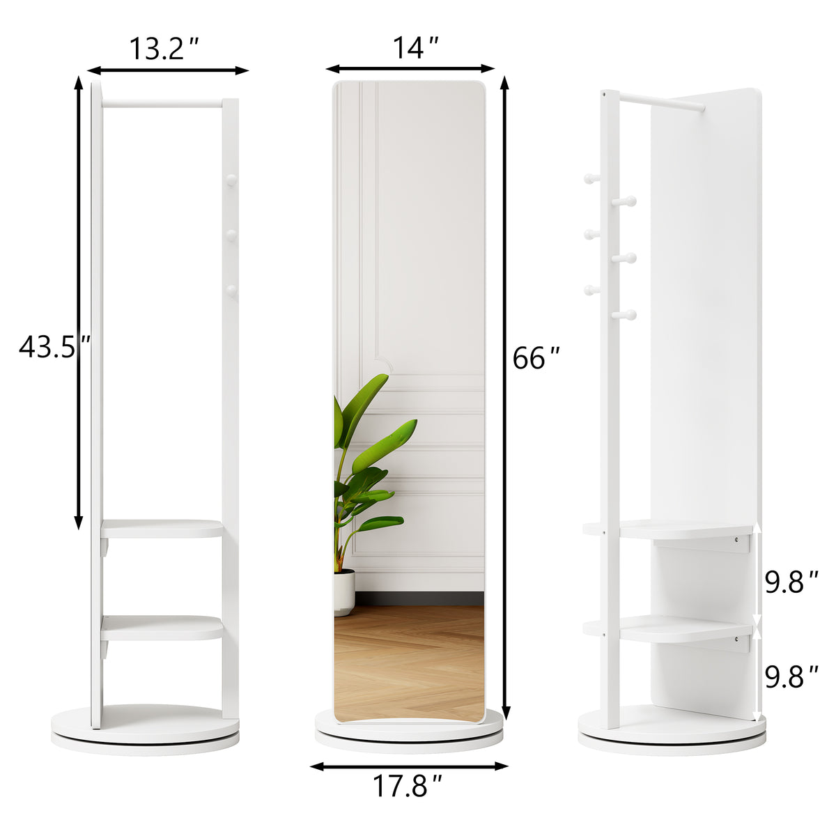 Full-length 360-degree full-length mirror with rubberwood frame by Anthony & Home, showing a sleek, modern design.