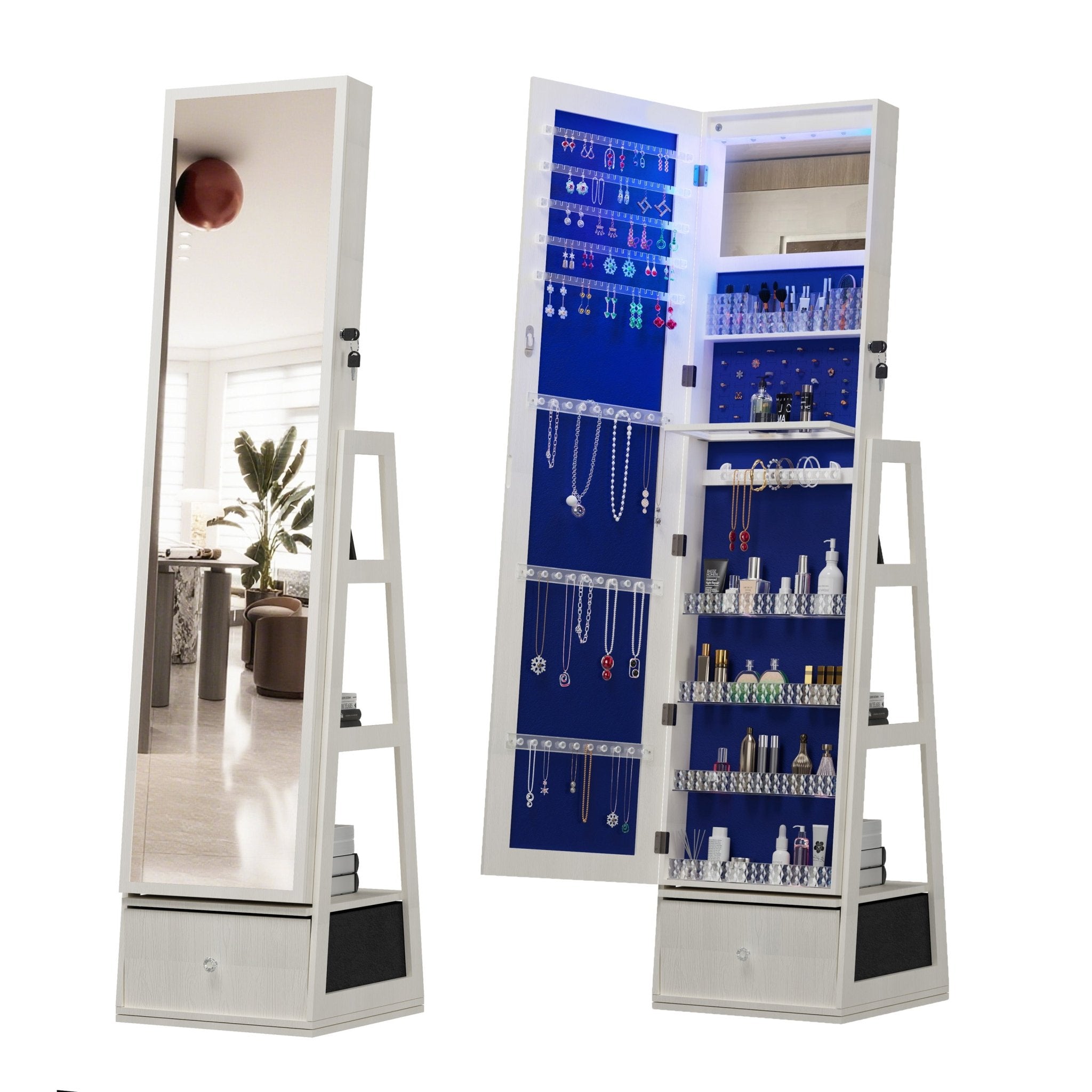 Anthony & Home 360-degree swivel jewelry cabinet with full-length mirror, showing storage compartments and sleek design.