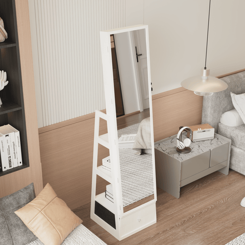 Anthony & Home 360-degree swivel jewelry cabinet with full-length mirror, showcasing organized jewelry storage and sleek design.