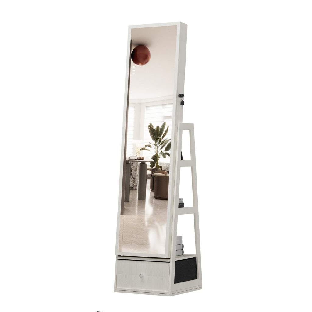 Anthony & Home 360-degree swivel jewelry cabinet with full-length mirror, showcasing multiple storage compartments and a sleek design.