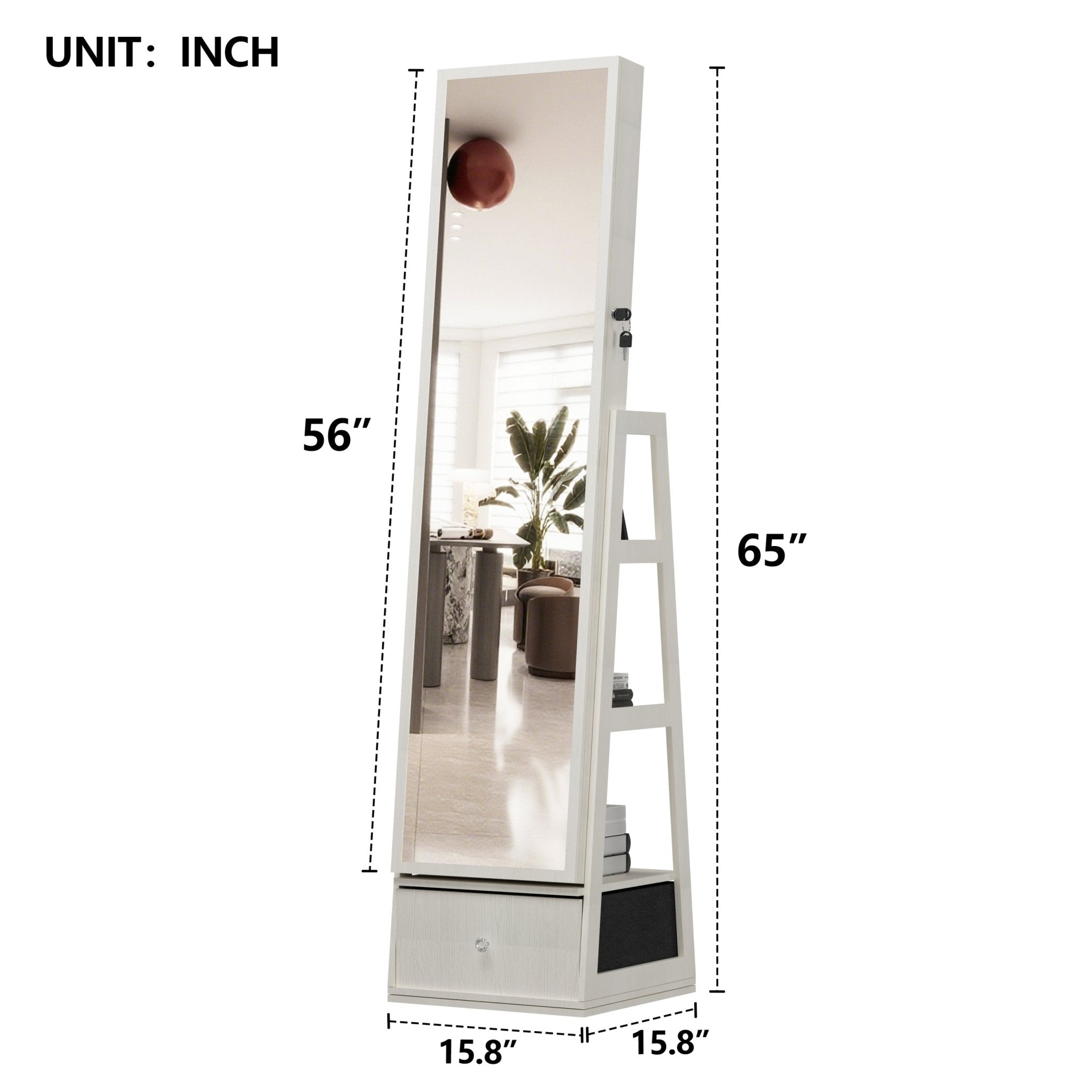 Anthony & Home 360-degree swivel jewelry cabinet with full-length mirror, showcasing organized jewelry storage and sleek design.