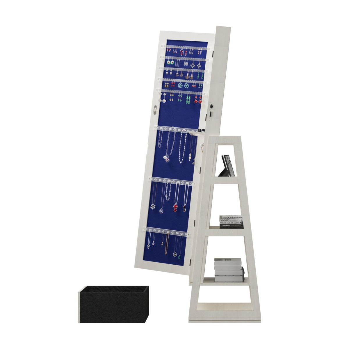 Anthony & Home 360-degree swivel jewelry cabinet with full-length mirror, showing interior compartments and jewelry storage.