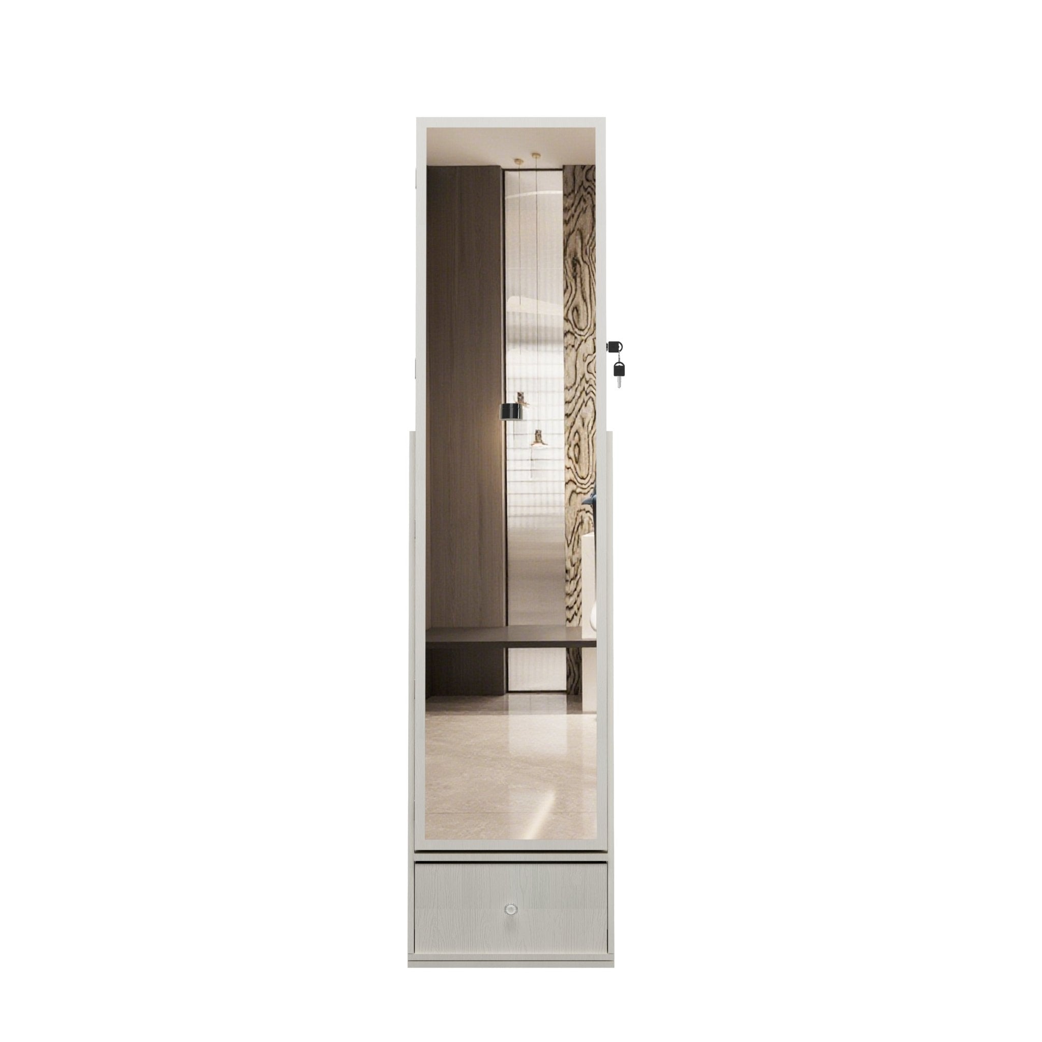 Anthony & Home 360-degree swivel jewelry cabinet with full-length mirror showing organized jewelry storage and elegant design