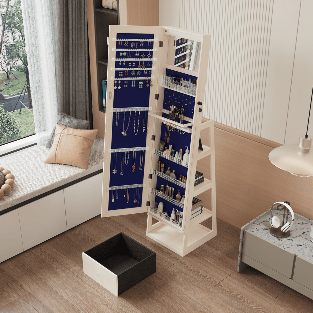 Anthony & Home 360-degree swivel jewelry cabinet with full-length mirror, showcasing storage compartments and sleek design.