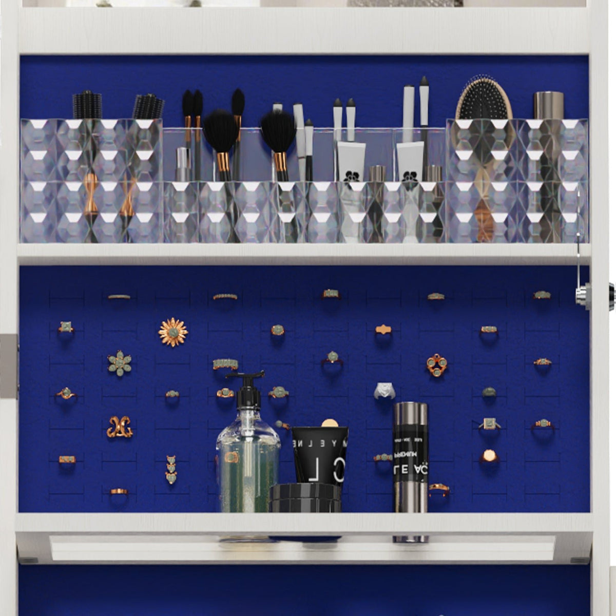 Anthony & Home 360-degree swivel jewelry cabinet with full-length mirror, showing organized jewelry storage and a sleek design.