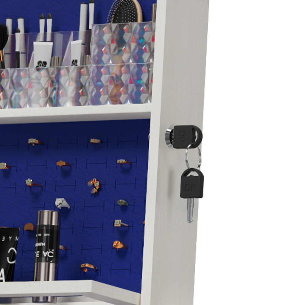 Anthony & Home 360-degree swivel jewelry cabinet with full-length mirror, showcasing its elegant design and interior storage.