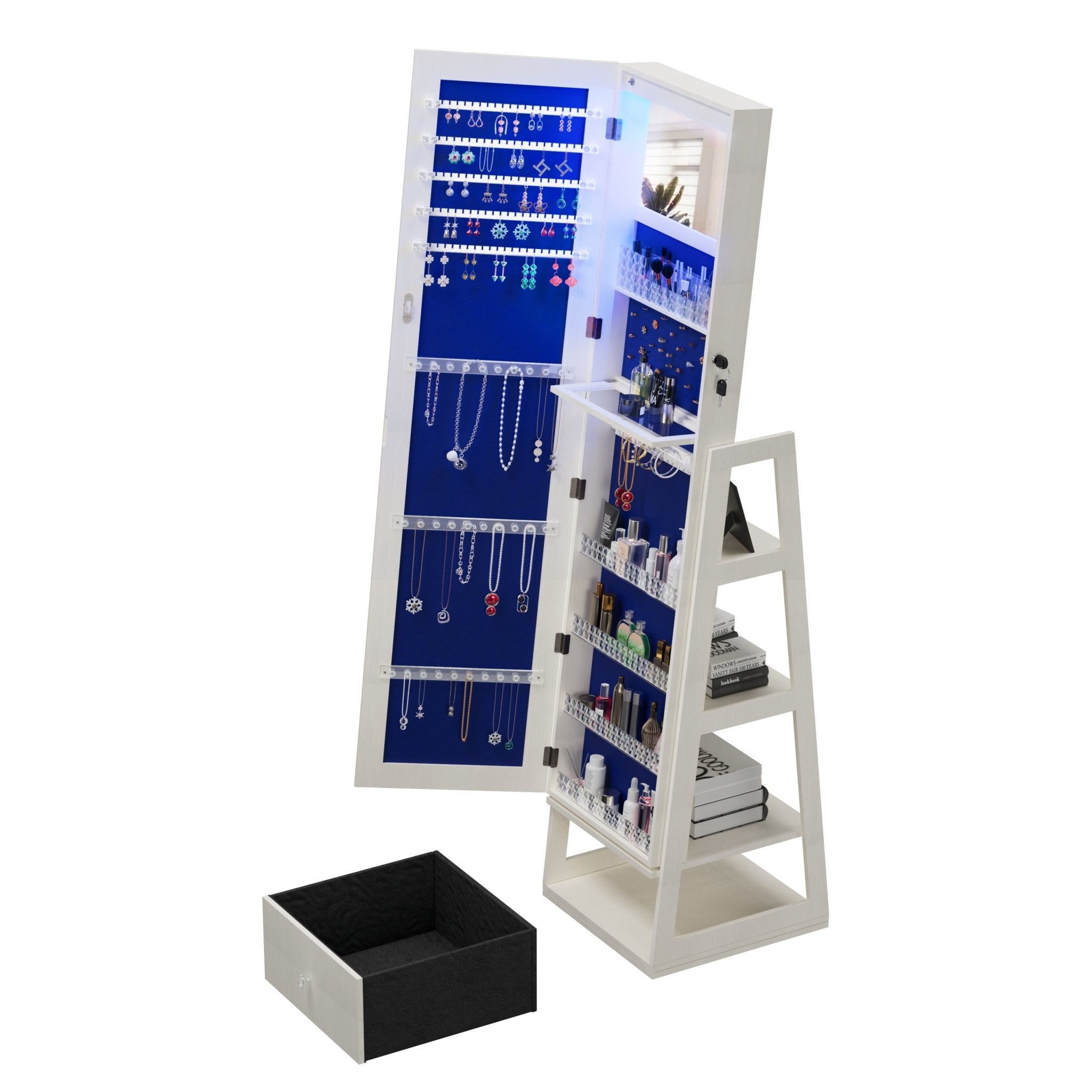 Anthony & Home 360-degree swivel jewelry cabinet with full-length mirror, showing the mirrored door and interior compartments.