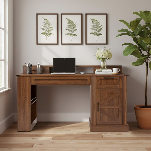 Dark walnut farmhouse office desk with barn door design, storage compartments, and keyboard tray by Anthony & Home.