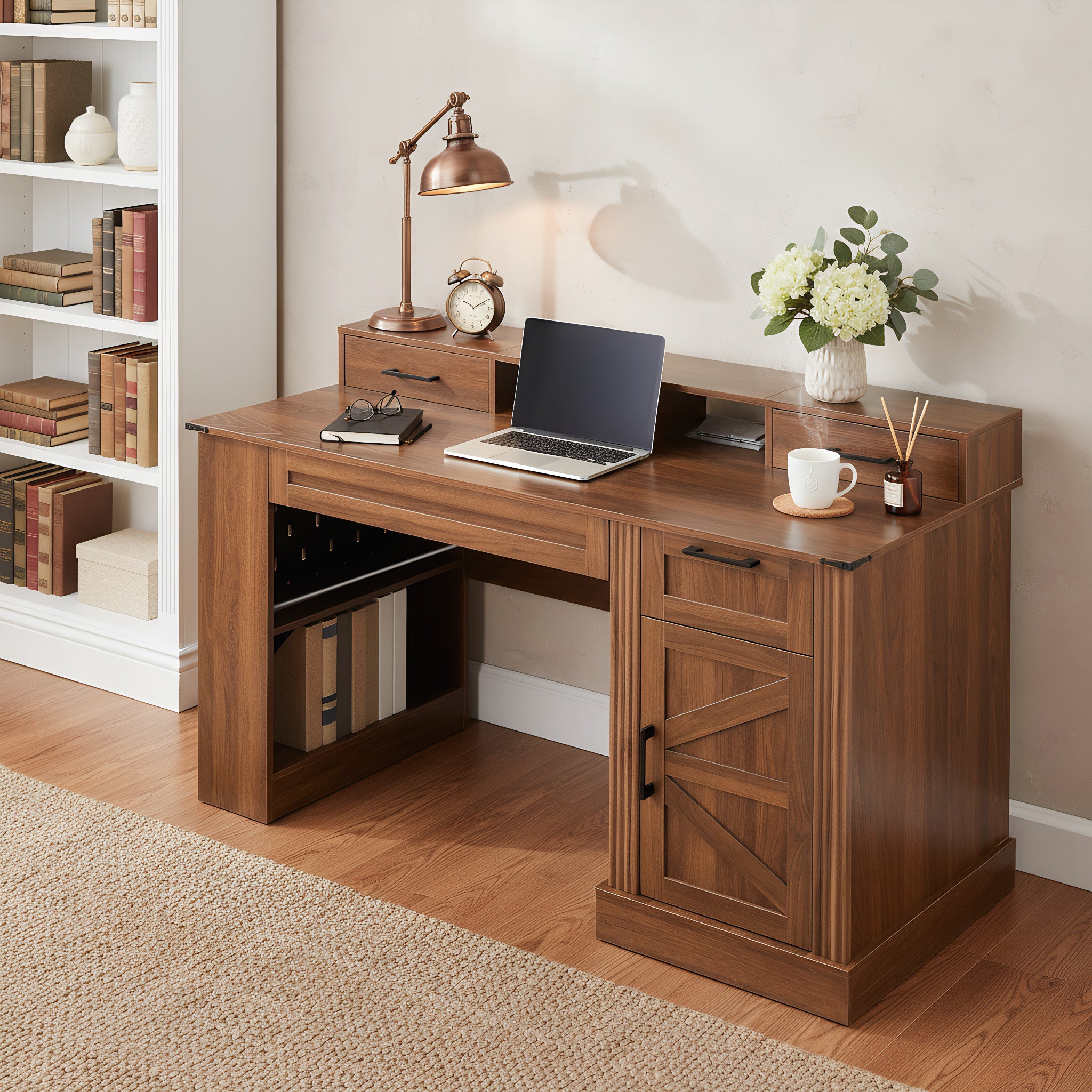 55-inch dark walnut farmhouse office desk by Anthony & Home with barn door design, storage, and keyboard tray.