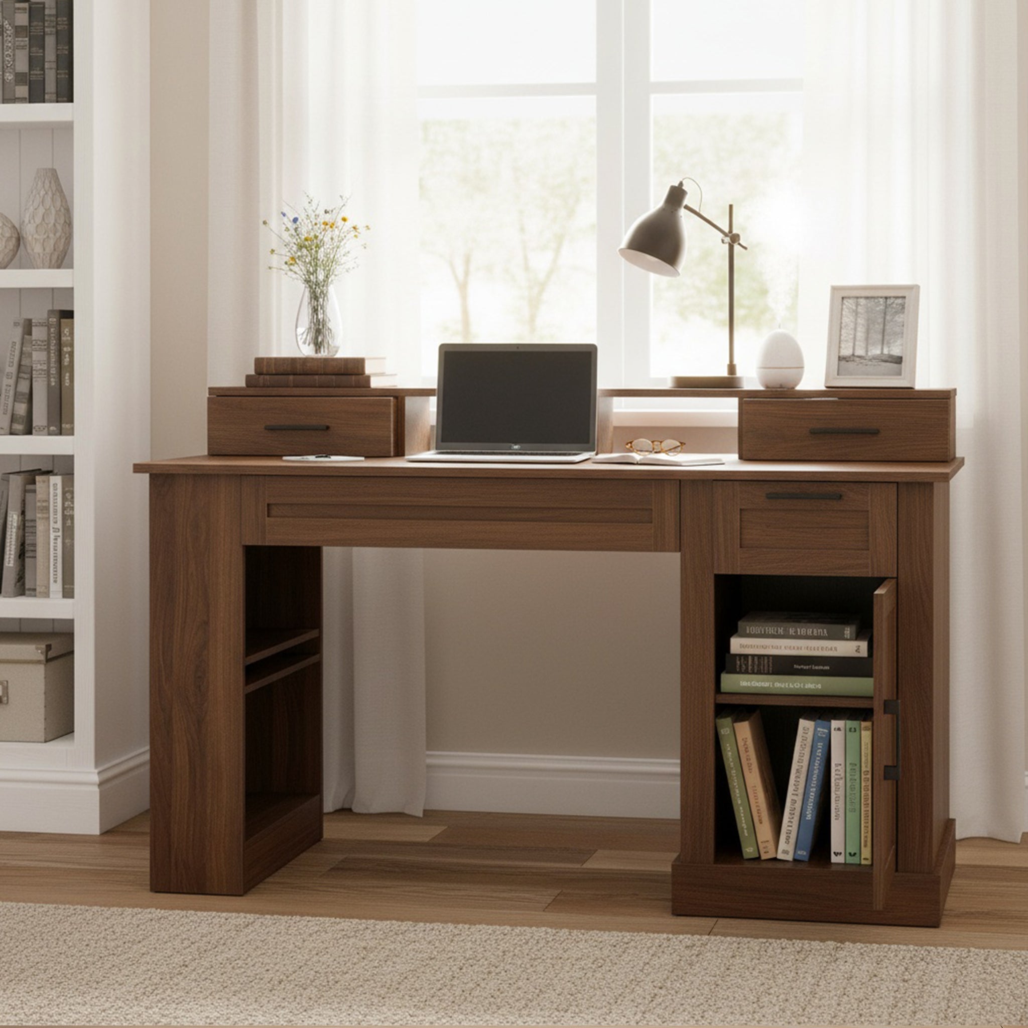Dark walnut farmhouse office desk by Anthony & Home with barn door design, storage, and built-in keyboard tray.