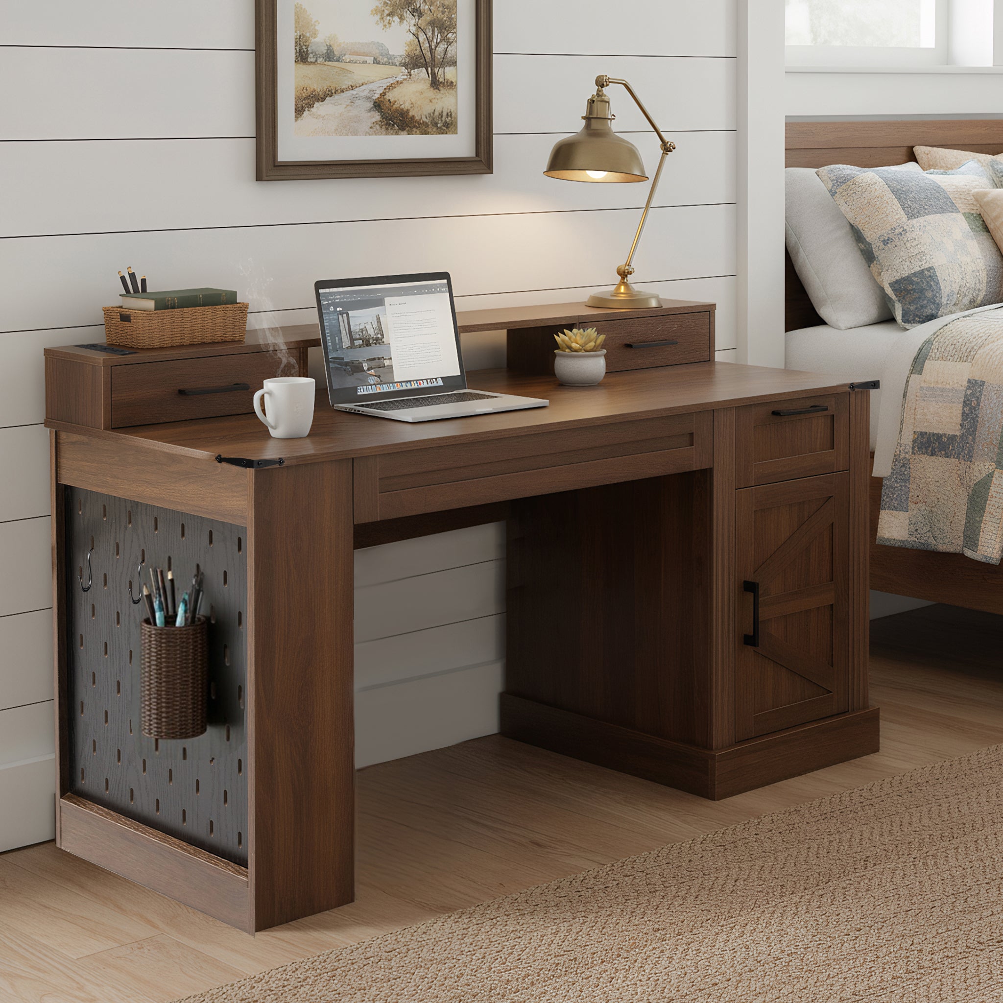 Dark walnut farmhouse office desk by Anthony & Home with barn door design, storage compartments, and a keyboard tray.