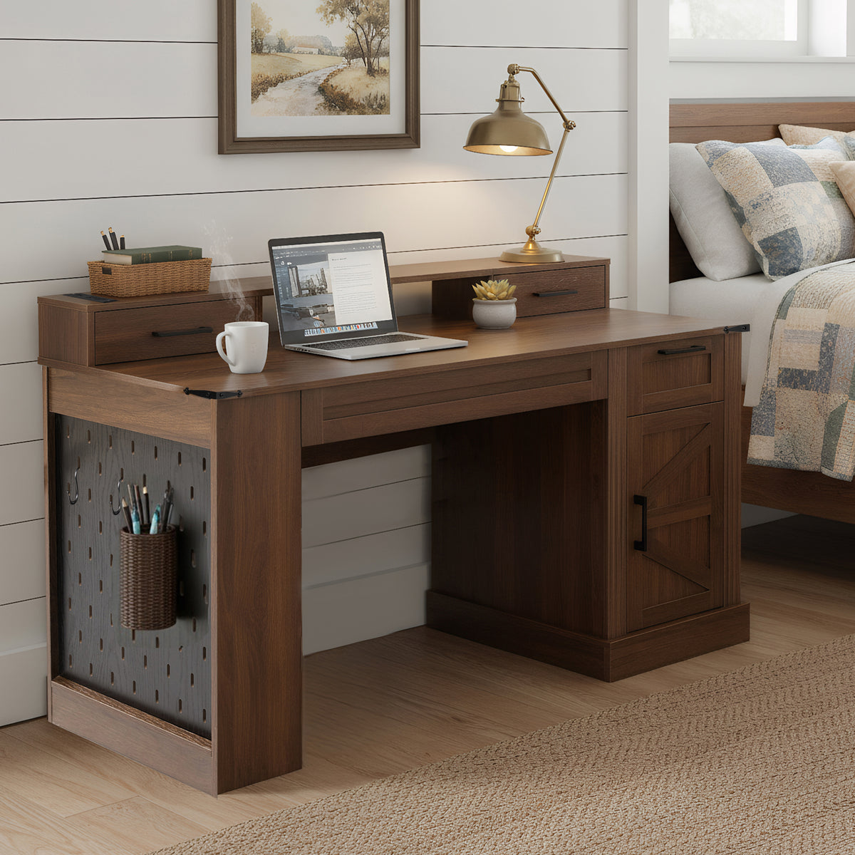 Dark walnut farmhouse office desk by Anthony & Home with barn door design, storage compartments, and a keyboard tray.