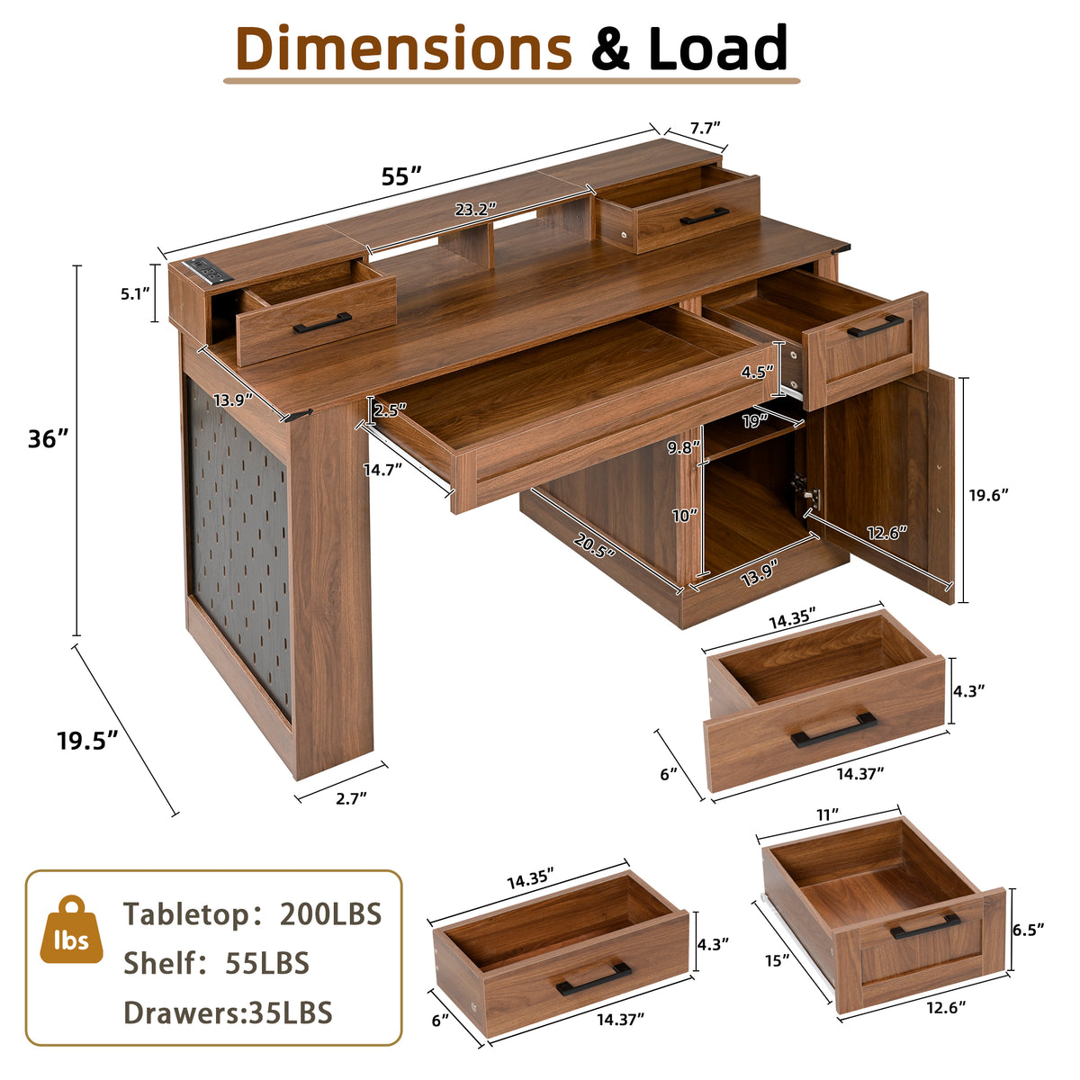 55-inch dark walnut farmhouse office desk with signature barn door design and storage, featuring a keyboard tray by Anthony & Home.