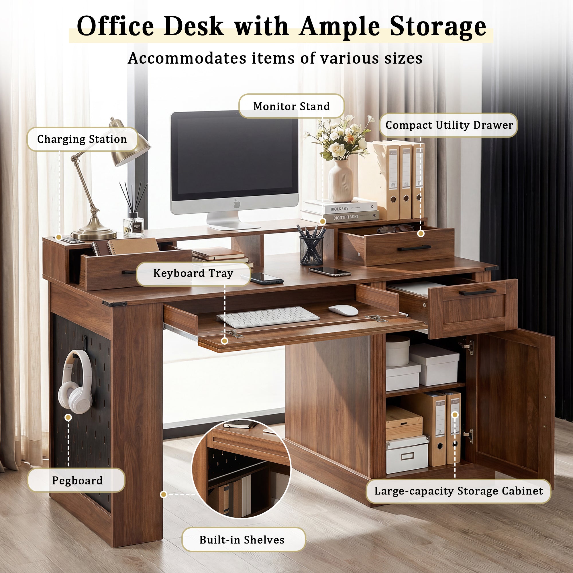 Dark walnut farmhouse office desk with barn door design, storage compartments, and keyboard tray by Anthony & Home