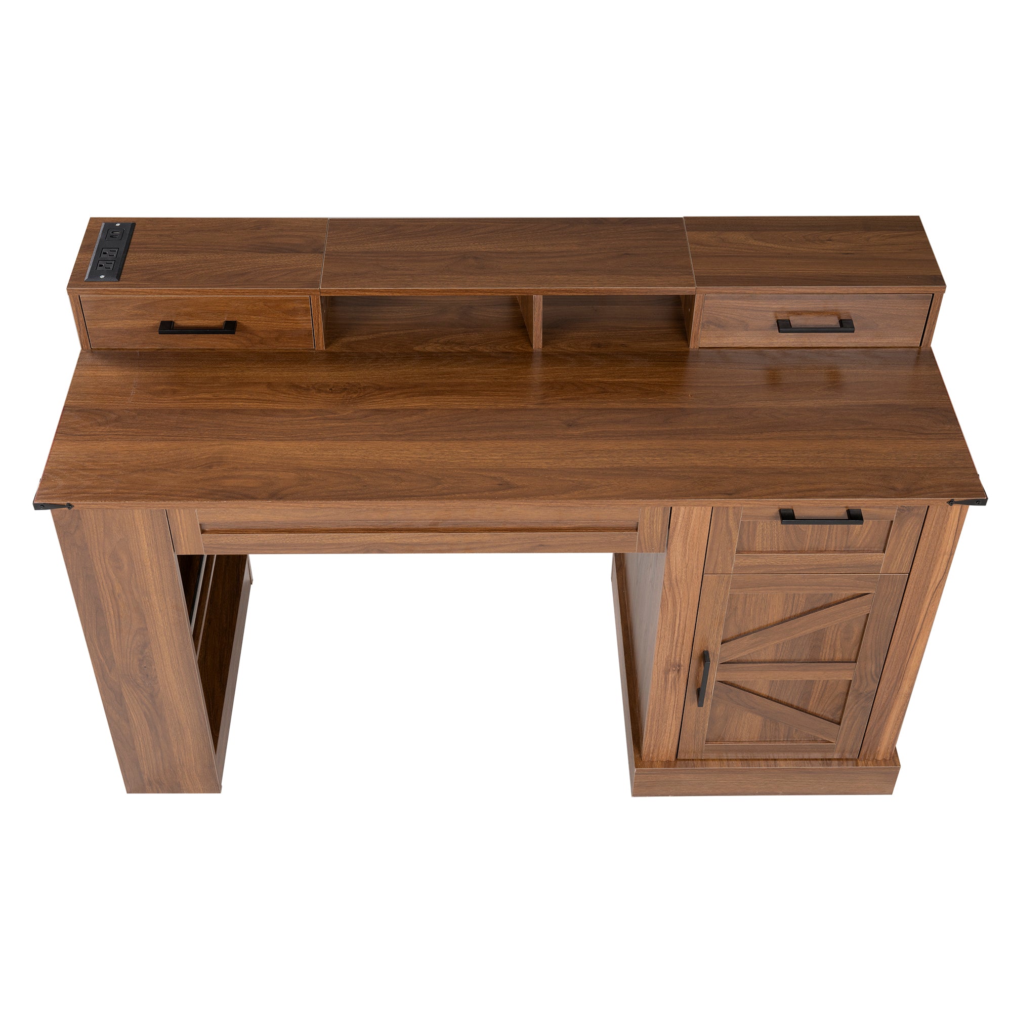 Dark walnut farmhouse office desk by Anthony & Home featuring barn door design, storage compartments, and a keyboard tray.