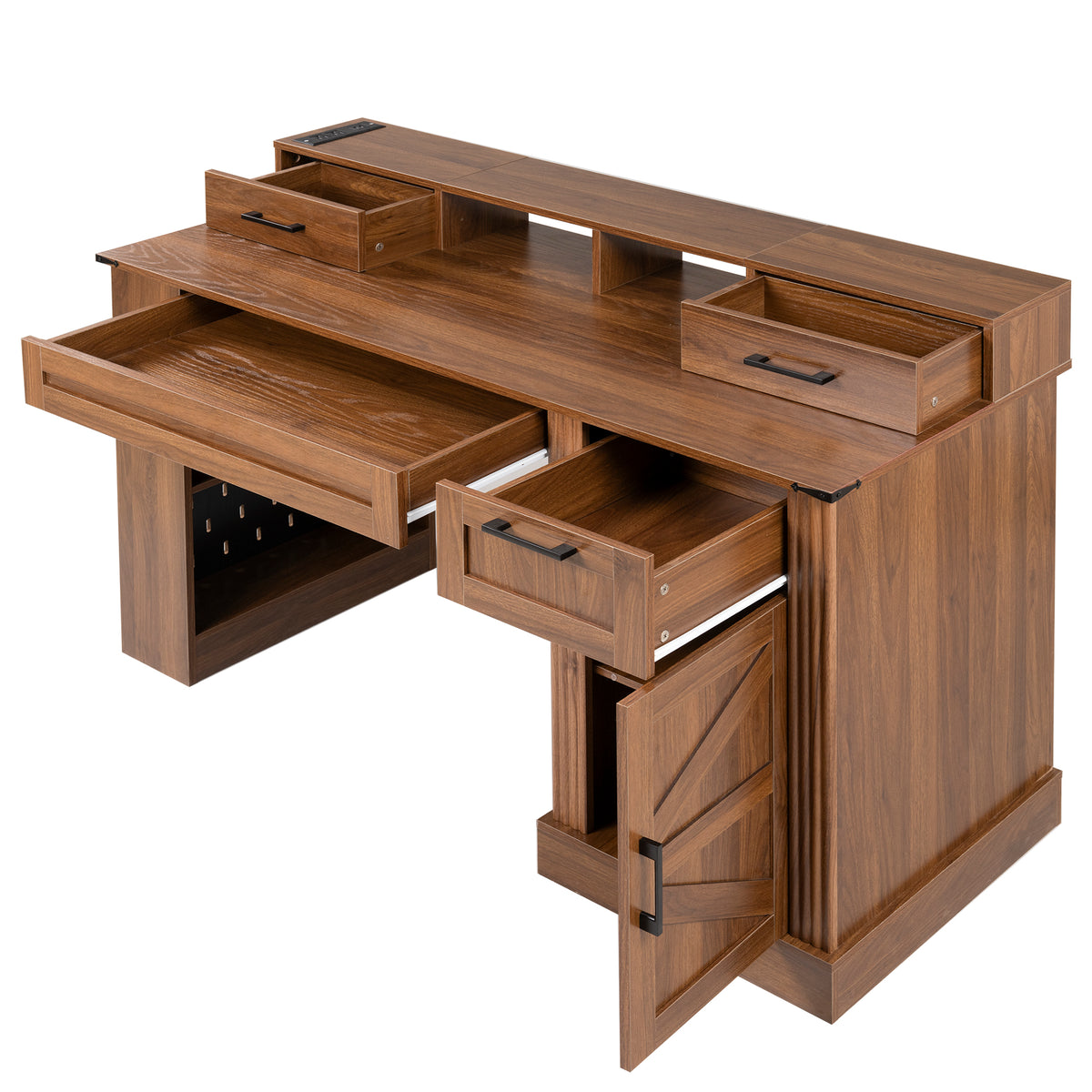 55-inch dark walnut farmhouse office desk by Anthony & Home with barn door design, storage, and keyboard tray.
